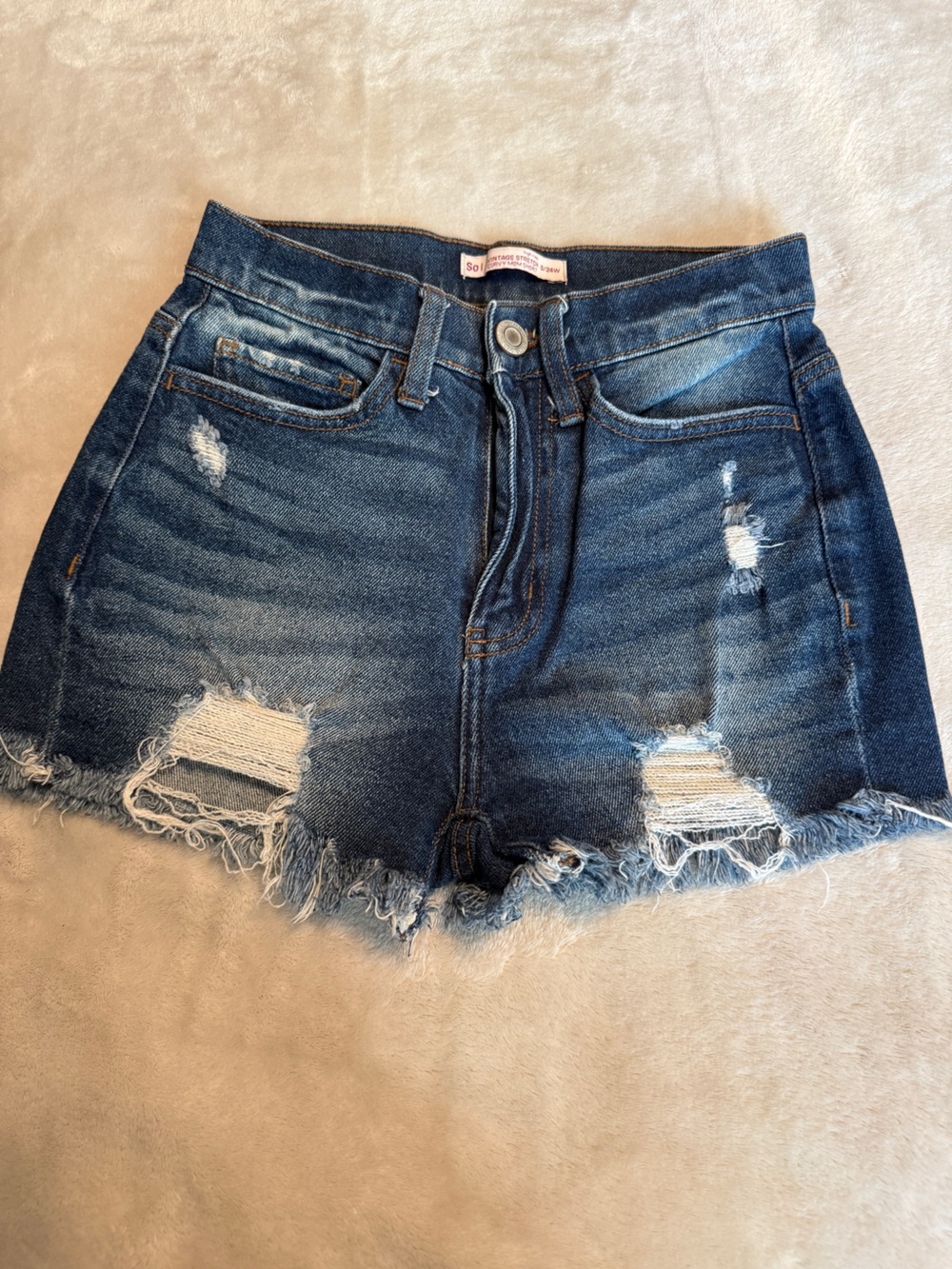 High-Waist Distressed Denim Shorts - Dark Blue
